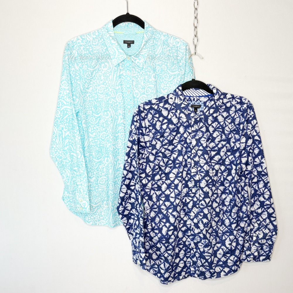 Talbots Bundle of 2 Cotton Button Shirts‎ Aqua Paisley and Navy Abstract Size L